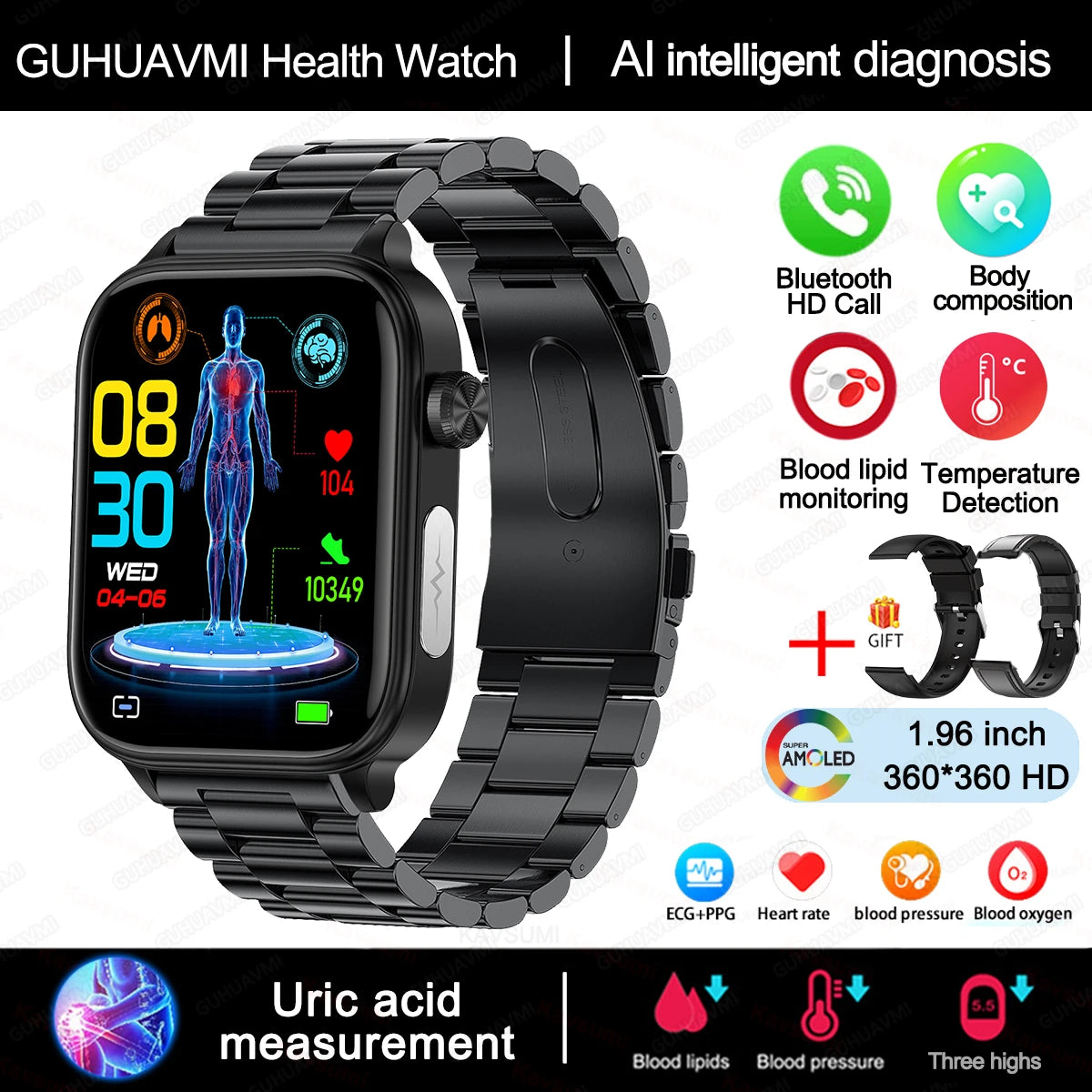 AI-Diagnosedetektor, Smartwatch für Damen, Blutfette und Harnsäure, Körpersammensetzungstest, Damen-Menstruationsgesundheits-Tracker, 2025, Neu