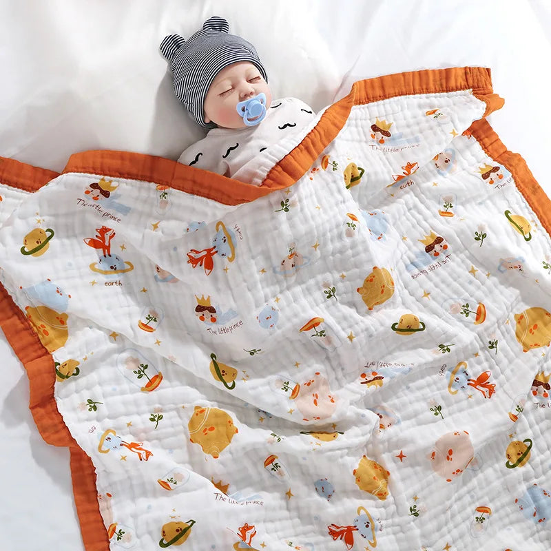Babydecken, 6 Schichten, 100 % Baumwolle, Gaze, atmungsaktiv, weich, saugfähig, für Neugeborene, Wickeldecken, Cartoon-Baby-Badetuch