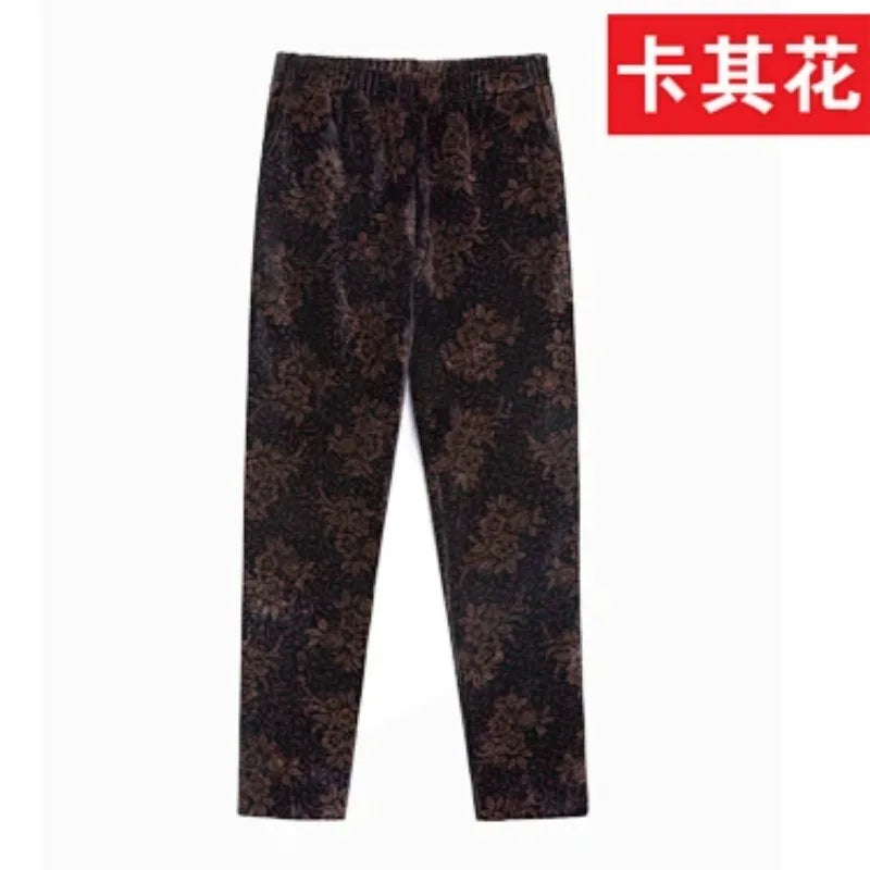 Herbst-Winter-Samthose mit Blumenmuster für Ältere Frauen, Lose Warme Verdickte Freizeithose für Oma und Mutter