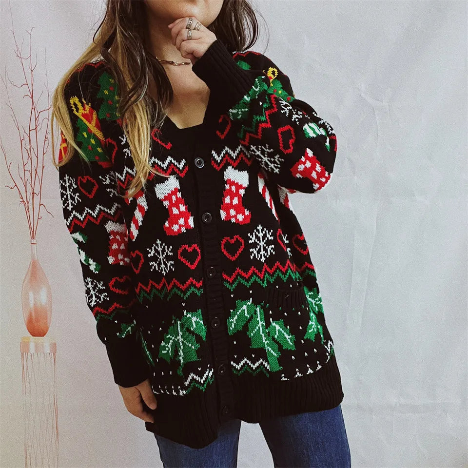 Frauen Herbst Modus 2025 Weihnachten Themed Gedruckt Strickjacke Mit Knöpfen V-ausschnitt Mit Langen ärmeln Pullover Strickjacke Mujer Abbigliamento Donna