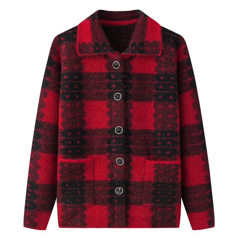 Casual Plaid Herbst Winter Kleidung Mittleren Alters Mutter Pullover Strickwaren Tops Verdicken Oma Warm Woolen Mantel Frauen Strickjacke