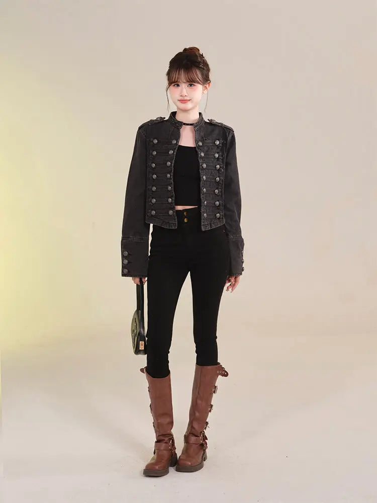 Damenbekleidung Kurzmantel Neue Jeansjacke Retro-Knopfdesign Schlanker Stehkragen Lange Ärmel Jeansoberteil Jacke Kurzmantel