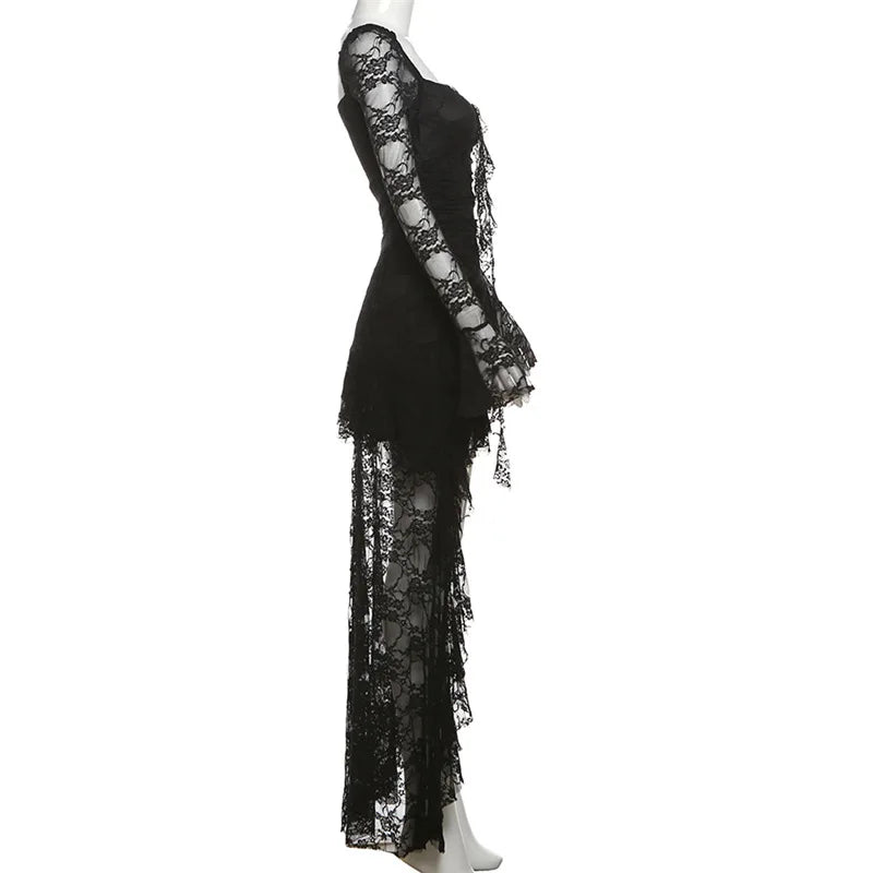 Gothic Dark Fairycore Spitzenkleid mit ausgestellten Ärmeln, eckigem Ausschnitt, A-Linie, süßes E-Girl-Kleid mit unregelmäßigem langem Saum, Cyber Y2K Party-Kleid