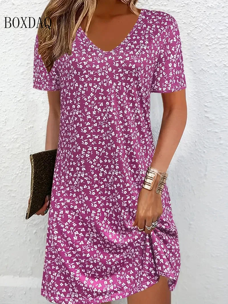Sommer Kurzen Ärmeln V-ausschnitt Kleid Frauen Strand Party Kleid 3D Blumen Druck Beiläufige Lose Kleid Plus Größe 3XL Weibliche Outdoor Kleid