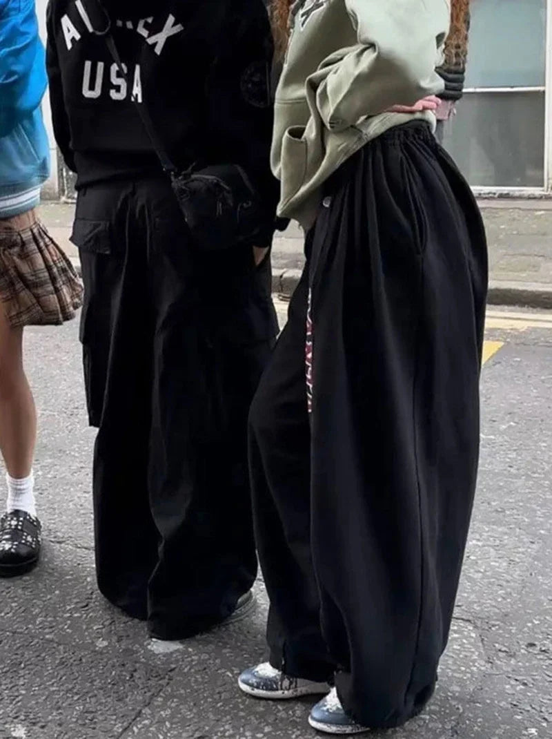 Amerikanischen Retro Hip-Hop Übergroßen Frau Schwarz Casual Jogginghose Koreanische Streetwear Lose Jogging Hosen Hohe Taille Breite Bein Hosen