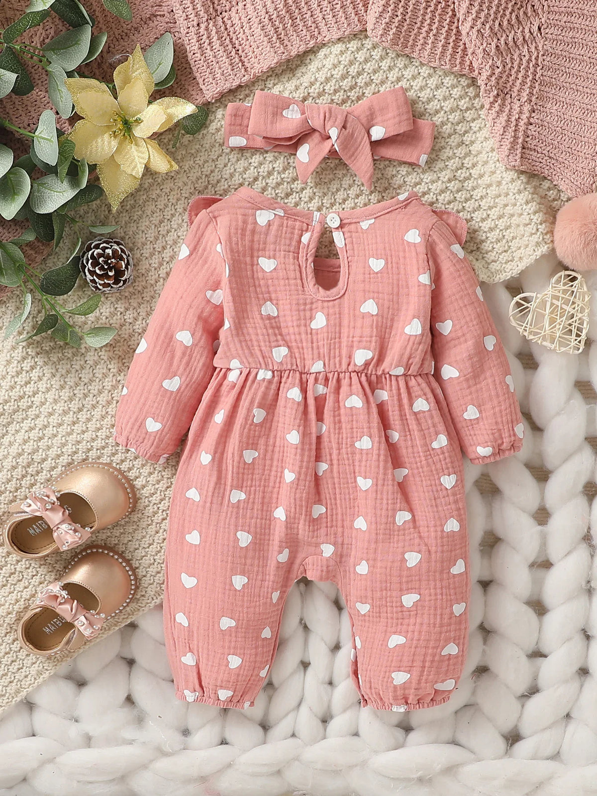 Baby Mädchen Sommer Langarm Druck Liebe mit Schleife für lässigen täglichen Baumwolloverall