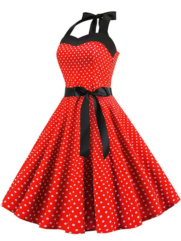 Frauen Polka Dot Print Sommer Kleid Sexy Retro Weiß Halter Vintage Kleid Robe Femme Pin Up Rockabilly Party Kleid