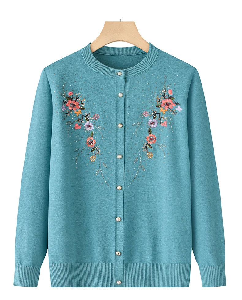 Mittleren Alters und ältere Frauen Stickerei Strickjacke Jacke einreiher schlanke Pullover Mantel dünne Frühling Oma Kleidung