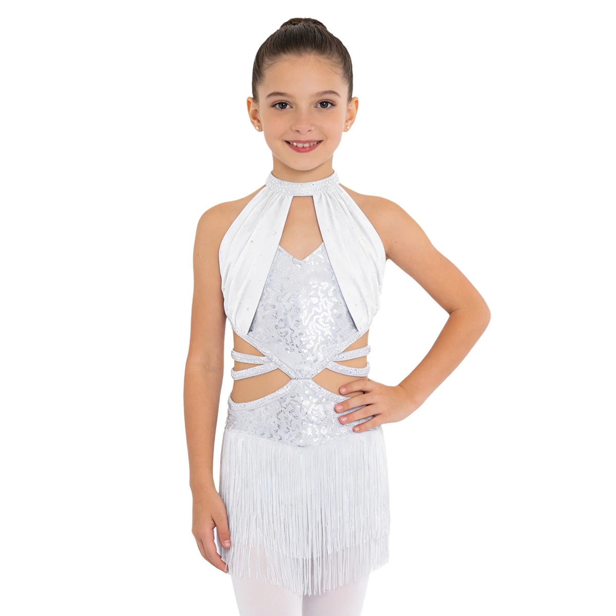 Glitzerndes Pailletten-Lateintanzkleid für Mädchen, Salsa, Jazz, Tango, ärmellos, gerüschtes Mesh-Overlay, Oberteil mit Quasten, Leotard-Kleid