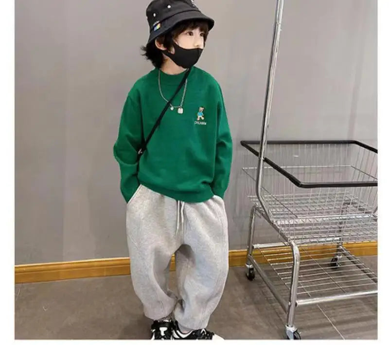 4-12Y Frühling Herbst Kinder Einfarbig Lose Sweatpant Teen Jungen Knöchel Länge Hose Winter Jogger Junge Elastische Taille Sport hosen