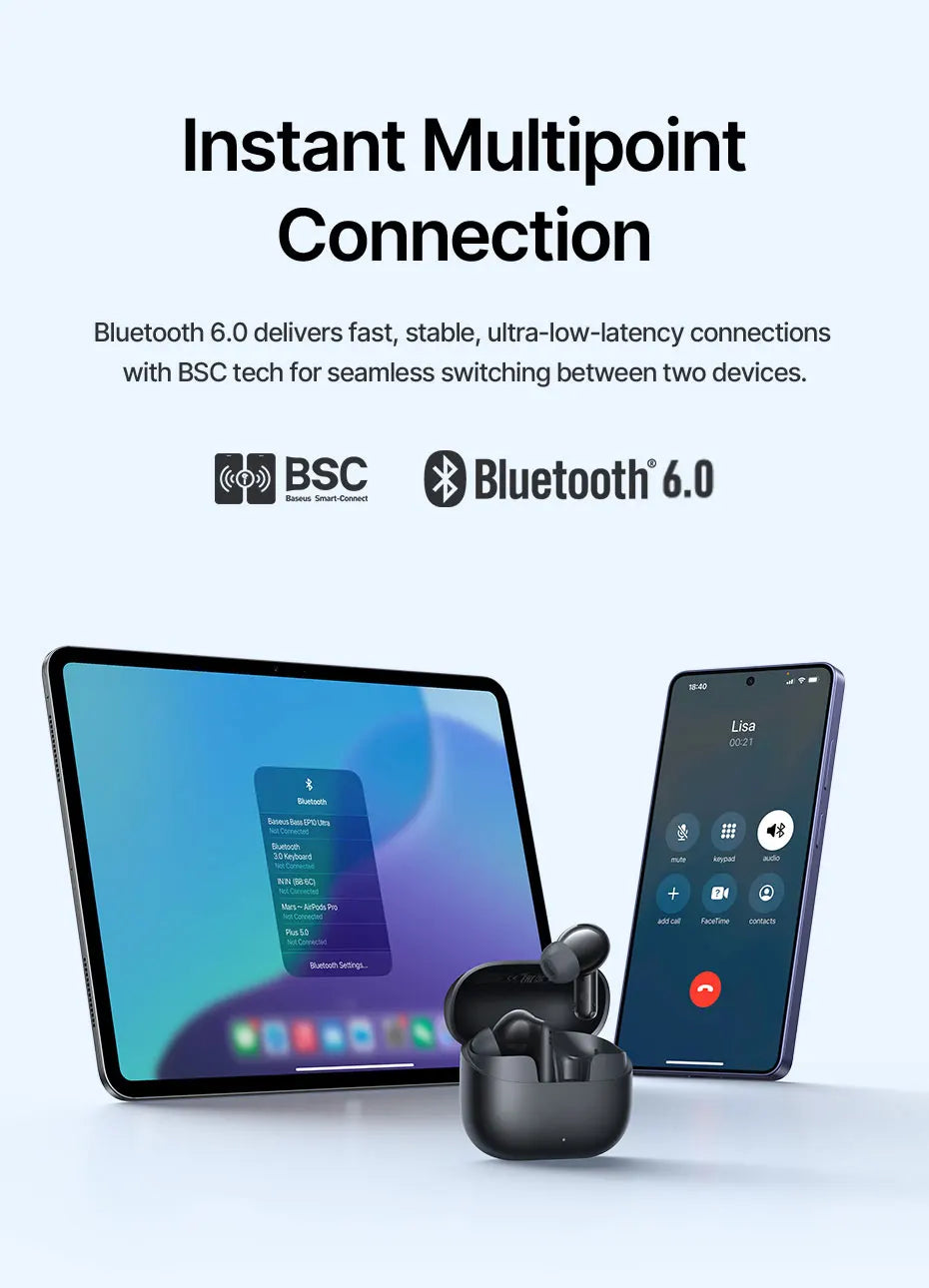 Baseus Bass EP10 Ultra Kabellose Kopfhörer -55dB Geräuschunterdrückung 65 Std. Lange Spielzeit Bluetooth 6.0 Ohrhörer 6 Mikrofone KI-Anruf-Klarsprechfunktion