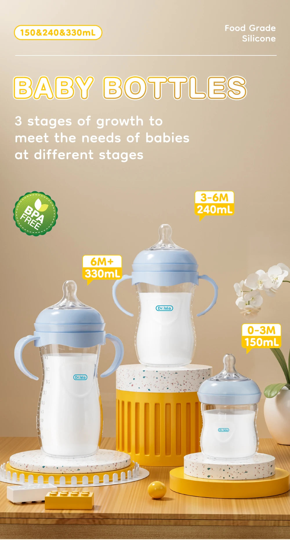 Baby PP Bottle 150/240/330ML Newborn Baby Bottle with Handle Milk Bottle Newborn Baby Bottles Feeding Accessories BPA-Free