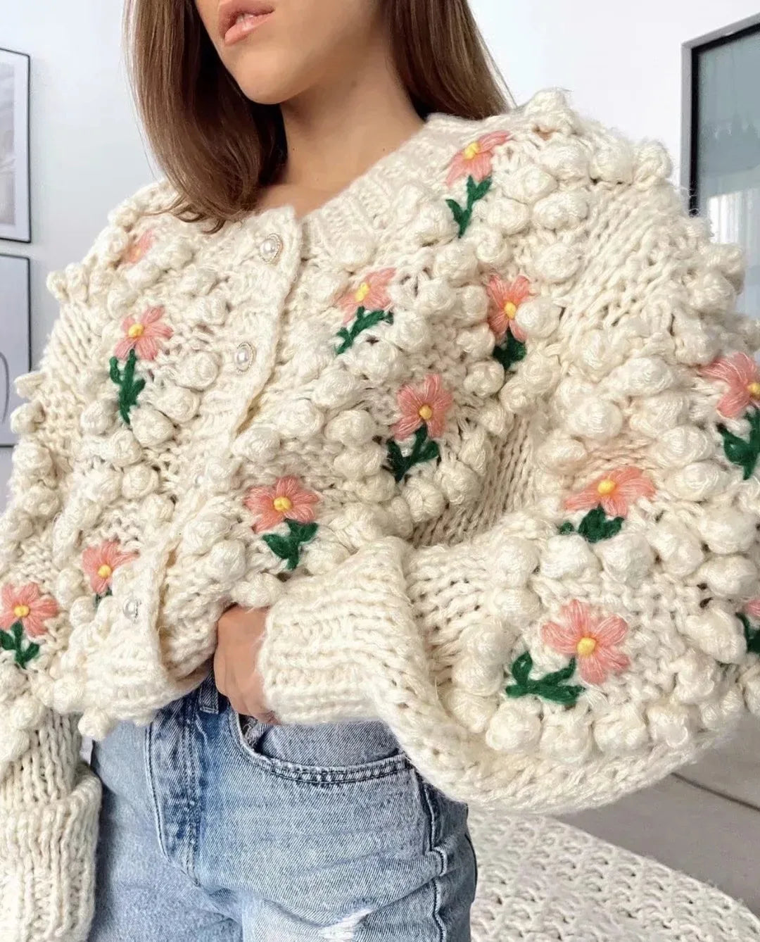 Frauen Herbst Damen Kleidung Oberbekleidung Lose einreiher Strickjacke Pullover Mit Stilvollen Verzierten Knöpfen Ropa Mujer