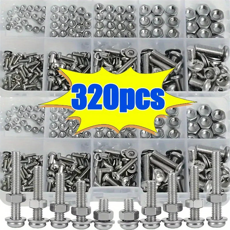Hex Nut and Bolt Set - 320pcs/120pcs, Durable Metric Sizes M2 - M5, Universal Hardware Kit for DIY Projects and Repairs.