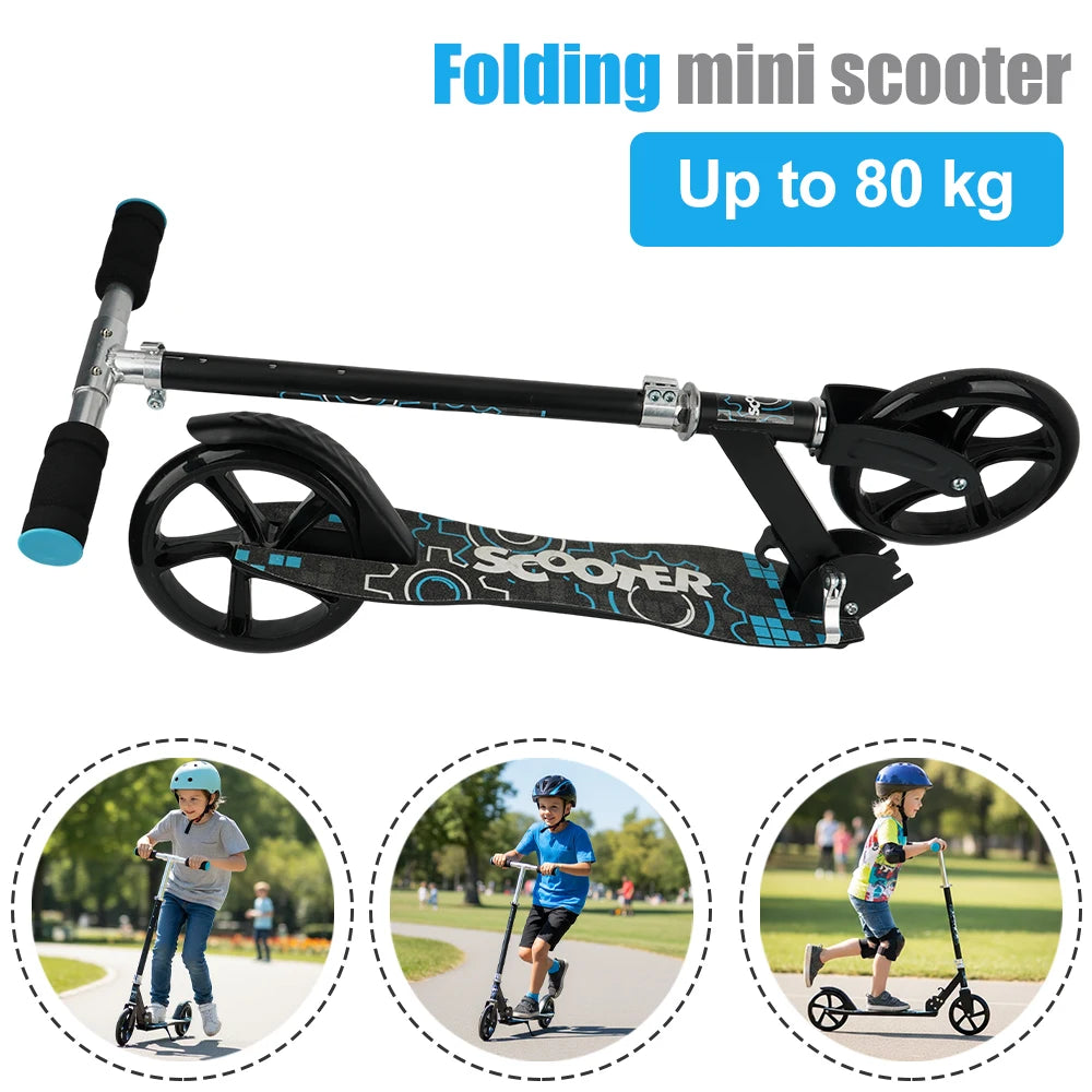 Der Roller ist höhenverstellbar und verfügt über ergonomische Lenker und eine Hinterrad-Reibungsbremse.