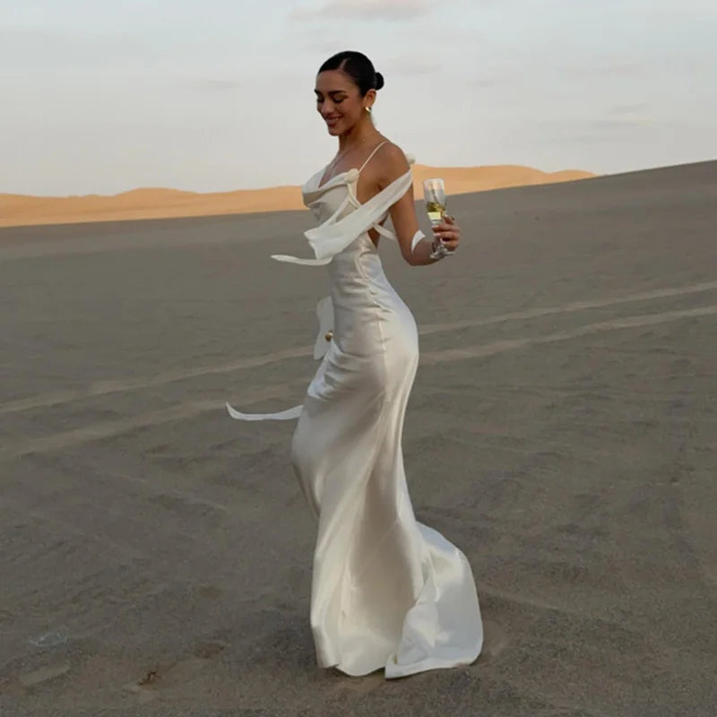 Elegantes 3D-Blumen-rückenfreies Kleid für Damen, figurbetont, Swing-Kragen, ärmellos, weiße Schlinge, Maxi-Robe, 2025, Sommer-Dame, Evevning, Vestidos