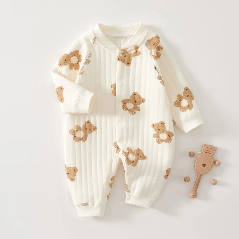 Dicker Baumwoll-Strampler für Neugeborene, Niedlicher Bären-Romper, Krabbelkleidung für Babys, Winter-Langarm-Bodysuit für Jungen und Mädchen, Kinder-Onesie-Pyjama