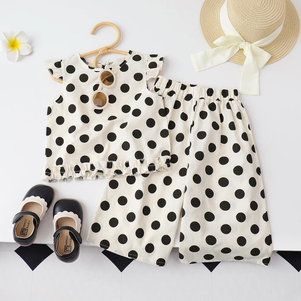 Bear Leader Baby-Mädchen-Freizeitkleidung, Rundhalsausschnitt, ärmelloses Polka-Dot-Oberteil + Hose mit weitem Bein, 2-teiliges Set mit Schleife und Knopf