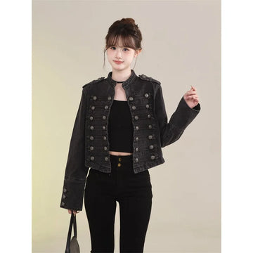 Damenbekleidung Kurzmantel Neue Jeansjacke Retro-Knopfdesign Schlanker Stehkragen Lange Ärmel Jeansoberteil Jacke Kurzmantel