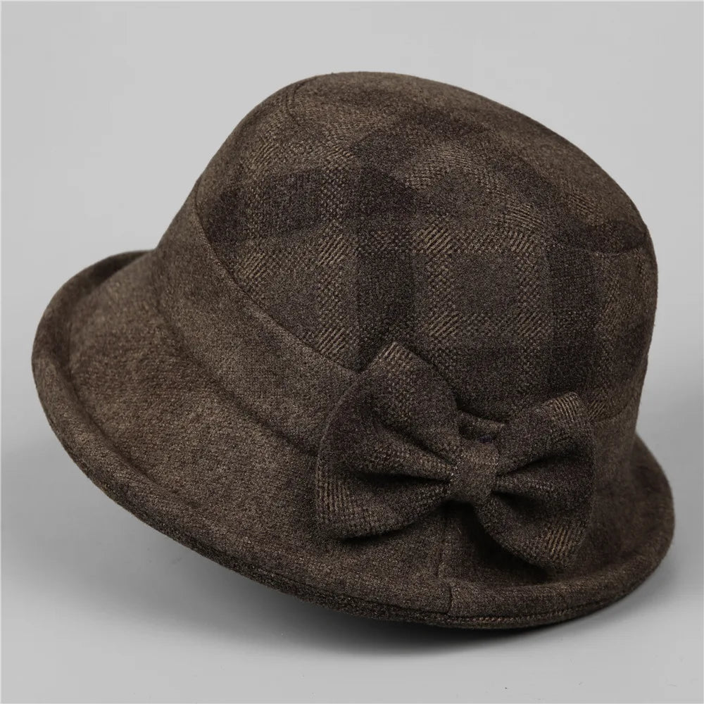 Elegante Schleife Herbst Winter verdickter karierter Fischerhut für Frauen mittleren Alters Mutter Oma
