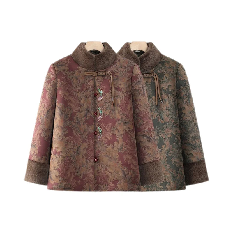 Damenmantel im chinesischen Stil mit Blumenmuster, gefüttert mit Fleece, aus Baumwolle, dicker Wintermantel, Tang-Anzugjacke für ältere Damen, Mütter und Großmütter.