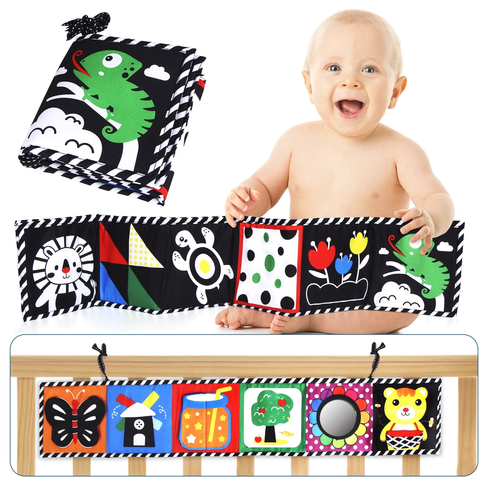 Baby Stoffbuch Hochkontrast-Babyspielzeug 0M+ Neugeborenen-Krippenspielzeug Schwarz-Weiß Tier-Sensorik-Stoffbücher Montessori-Spielzeug