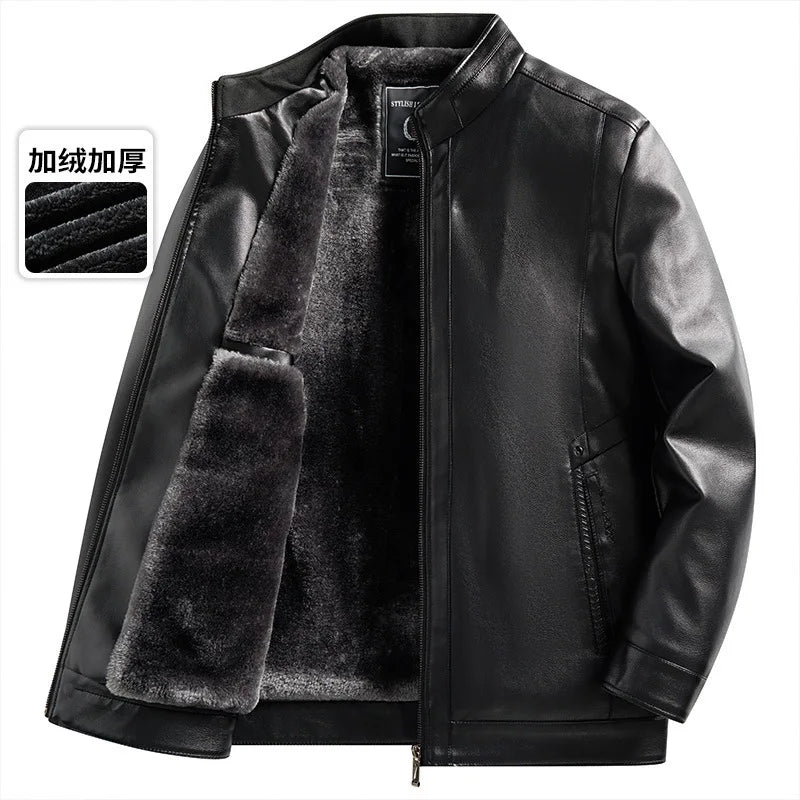 Verdickte Fleece-gefütterte Stehkragen Herren-Lederjacke Winter warmer Mantel für Papa und Opa PU-Leder City Style Casual Outwe