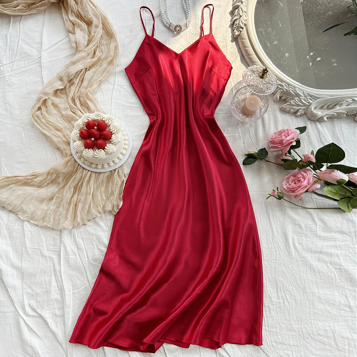 Elegantes Damen-Nachthemd, sexy, bequem, langes Slip-Kleid, einfarbiger Pyjama für Damen