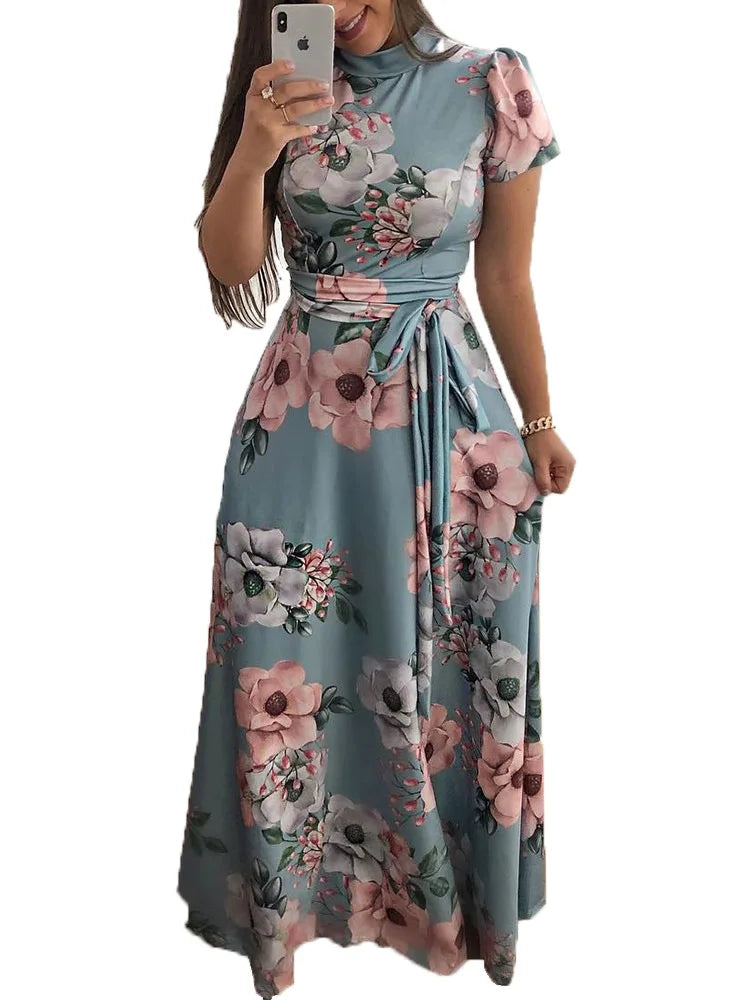 Damen-Kleider, schmal, lässig, langärmelig, Rundhalsausschnitt, Blumenmuster, Kleid, Träger, bodenlang, langer Rock, Damenbekleidung