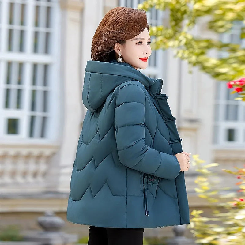 Frauen Winter Puffer Baumwolle Gefütterte Jacke Oma Mit Kapuze Fleece Dicke Parkas Warme Lose Retro Stickerei Schnee Mantel Lose Weibliche