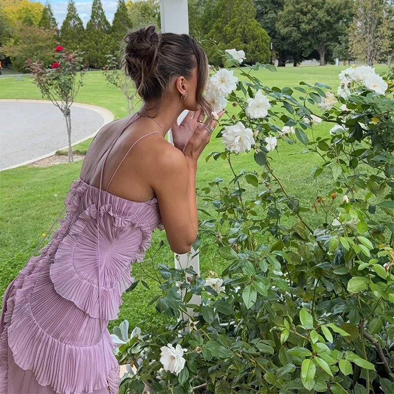 Elegantes lila Neckholder-Abschlussballkleid in A-Linie mit Rüschen, gestuft, rückenfrei, Partykleid, Sommerurlaub, Chiffon, langes Abendkleid