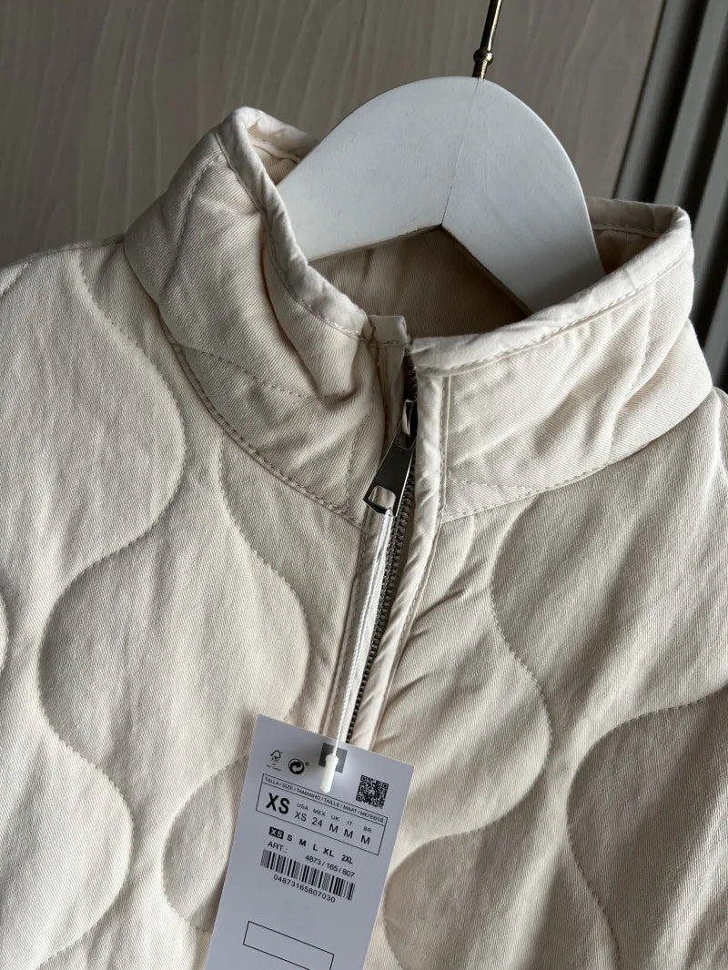 Damen Polyester Gefütterte Jacke 2026 Neuerscheinung Vintage Lenzing Rayon Hochkragen Große Tasche Dekorativer Gesteppter Mantel für Frauen
