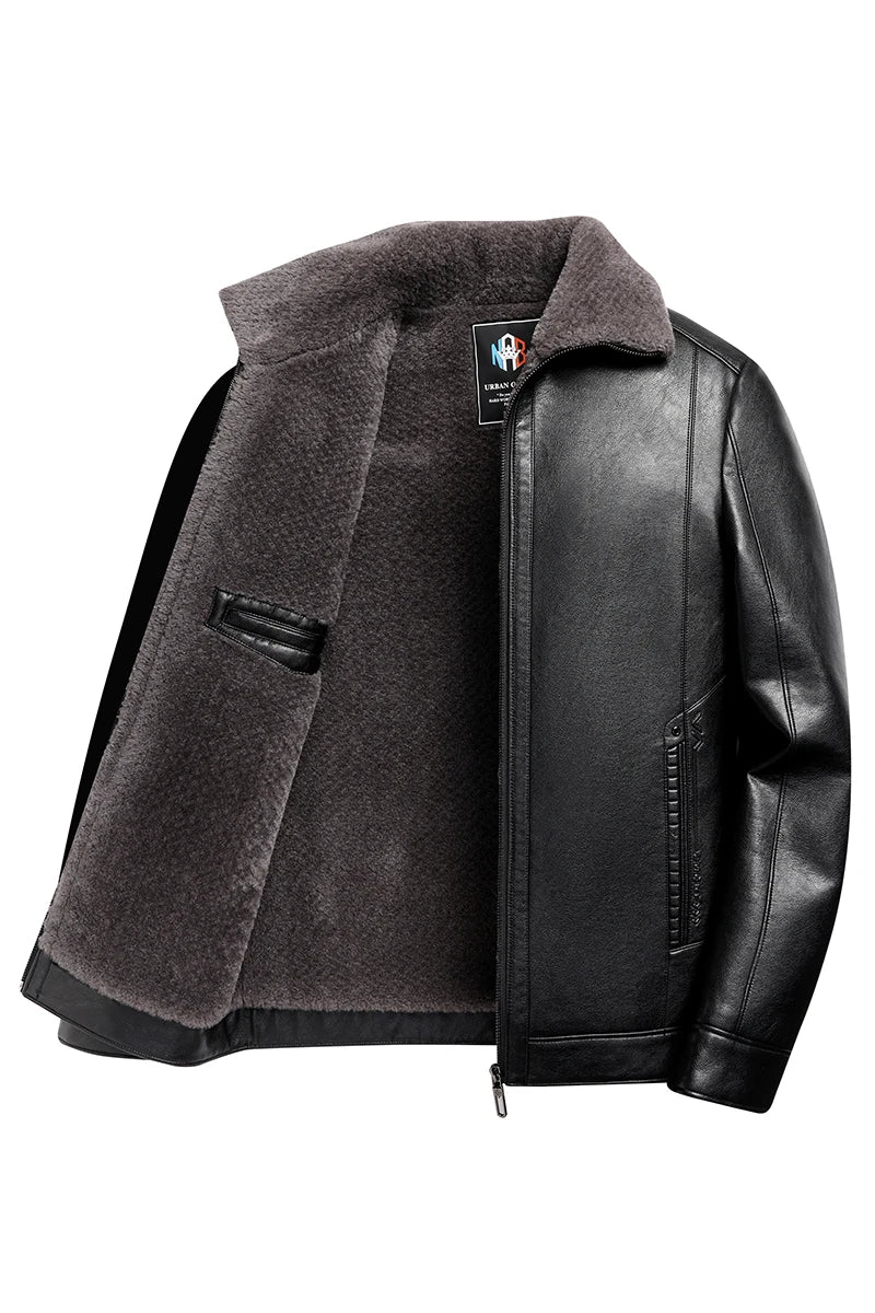 Fügen Sie Fleece und verdickende Winter-Papa-Lederjacke für Opa mittleren Alters mit Pelzkragen, Mantel für Herren mittleren Alters für Wärme hinzu
