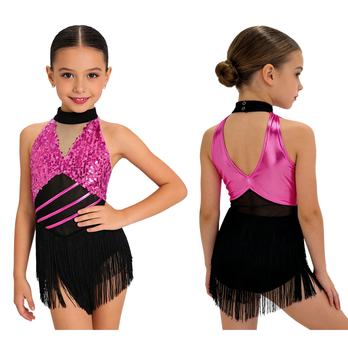 Glitzerndes Pailletten-Lateintanzkleid für Mädchen, Salsa, Jazz, Tango, ärmellos, gerüschtes Mesh-Overlay, Oberteil mit Quasten, Leotard-Kleid