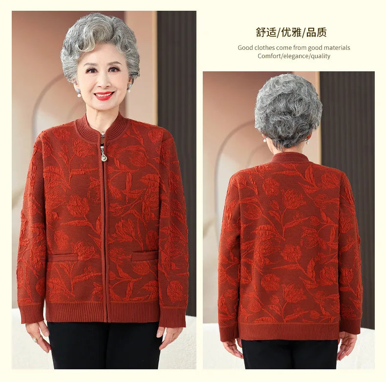 Plus Size Frauen drucken Strickjacke Mantel mittleren Alters Mutter schlanke Pullover Jacke Oma Winter Plüsch warme Kleidung
