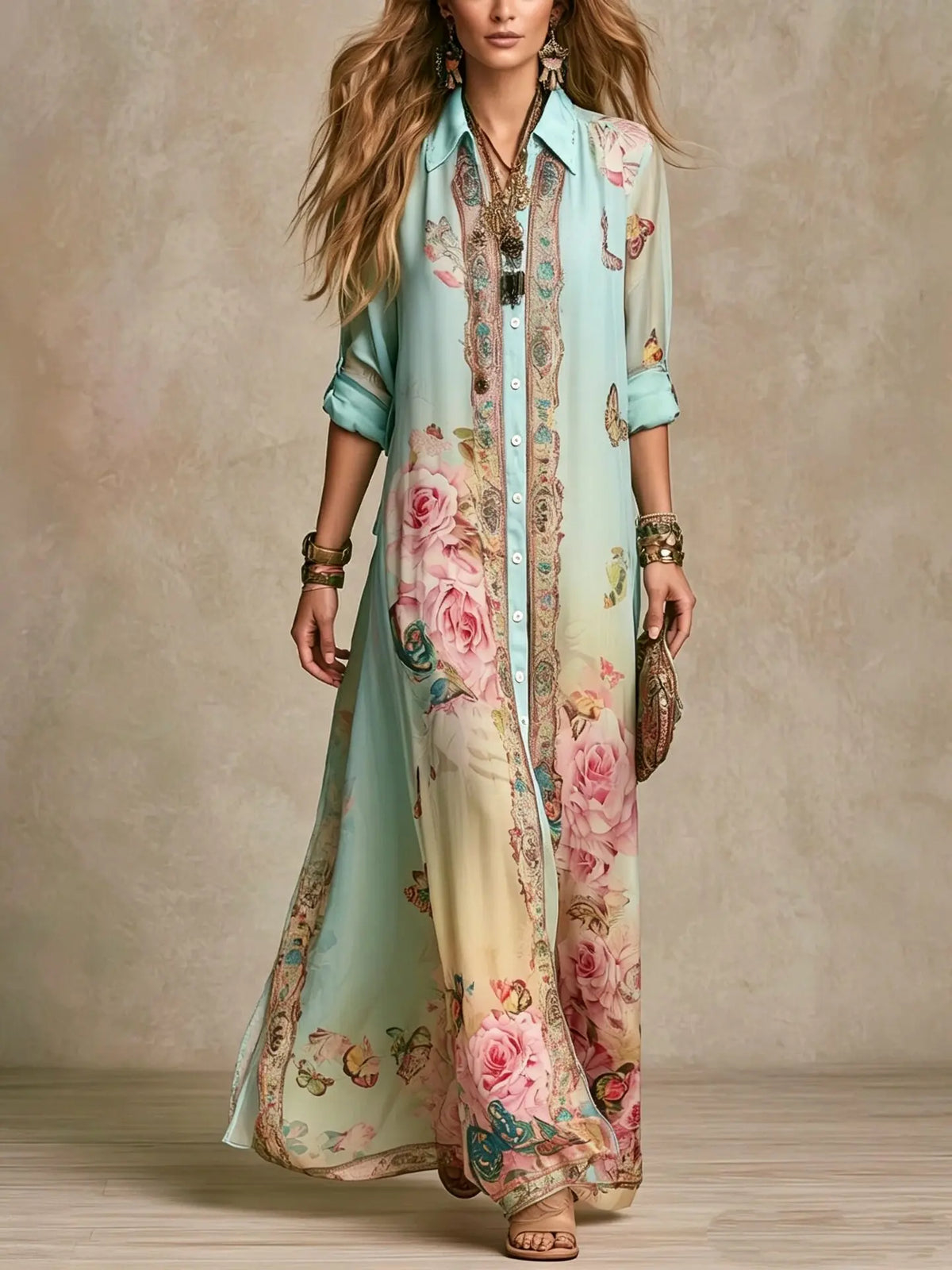 Elegantes Hemdkleid für Damen, Chiffon, Digitaldruck, Umlegekragen, einreihig, fließend, lässig, Boho, Sommerkleidung