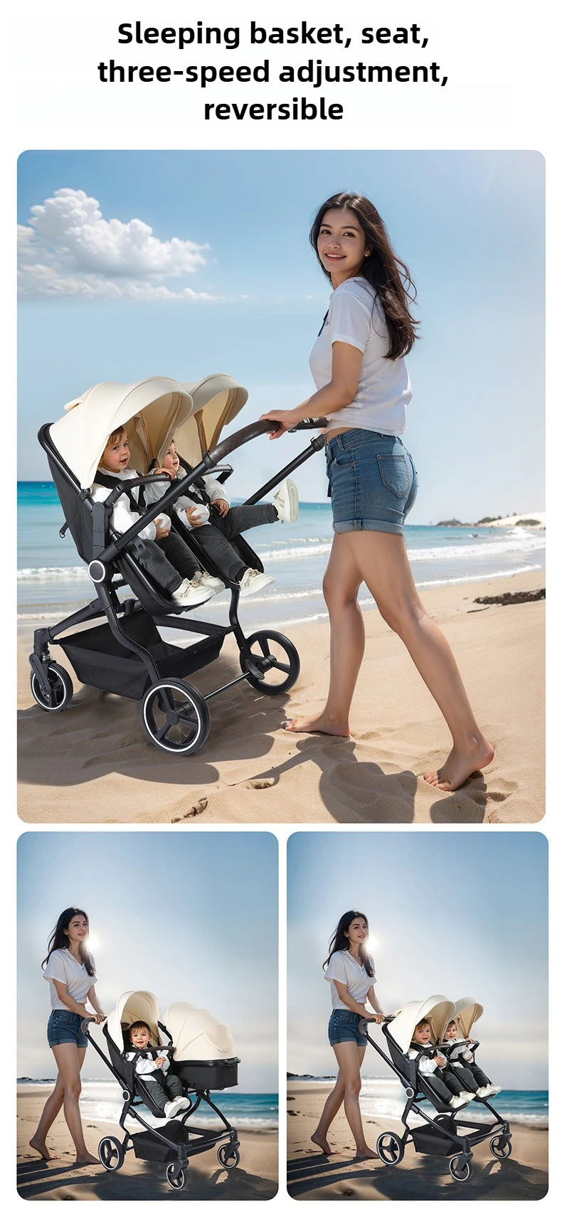 Integrierter Hochansicht-Kinderwagen für zwei Babys, kann sitzen oder liegen, ultraleichter, tragbarer, faltbarer Outdoor-Reisewagen
