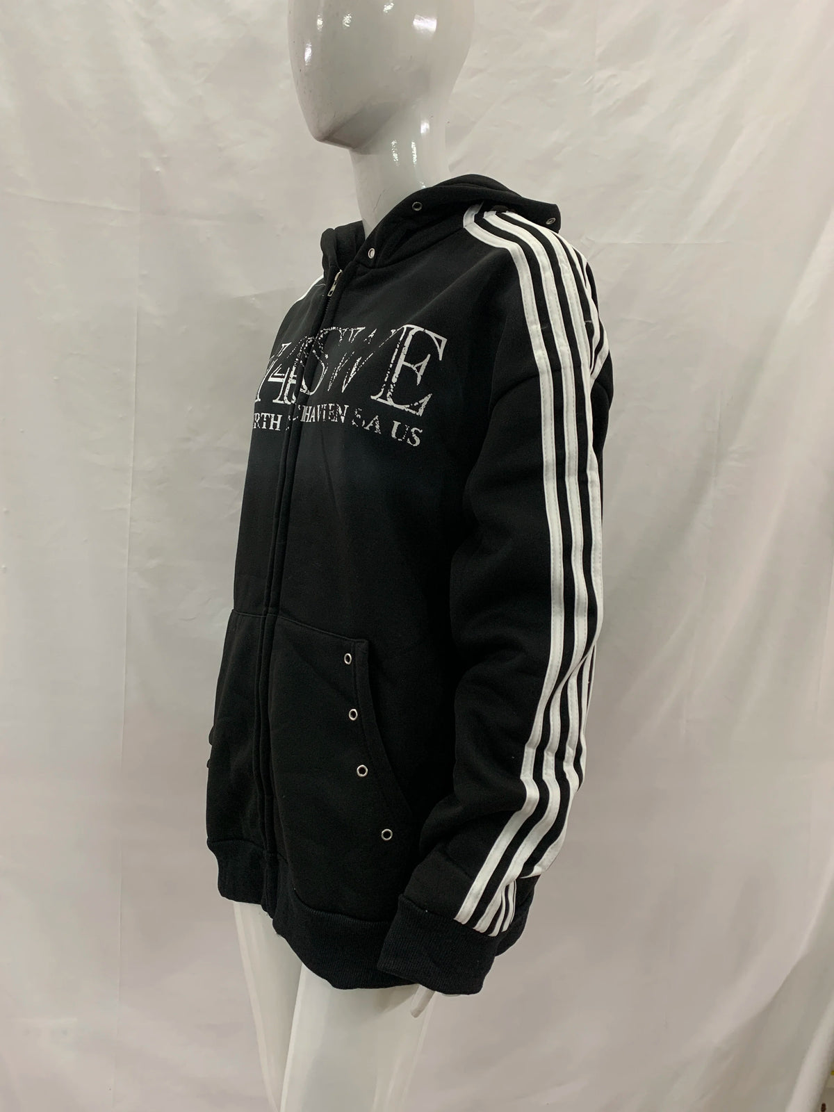 Kurze Kapuzenjacke mit Reißverschluss für Junge Männer, Oversized mit Fallenden Schultern, Gestreiften Ärmeln, Ösen-Taschen, Vintage-Schriftzug, Dunkler Street-Style für Teenager