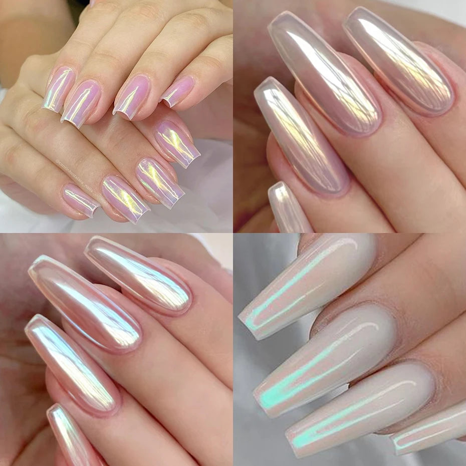 Moonlight Pearl White Nails Glitter Dust Chrome Aurora White Rubbing on Powder Shell Mirror Pigment Nail Art Supplies Dekoration