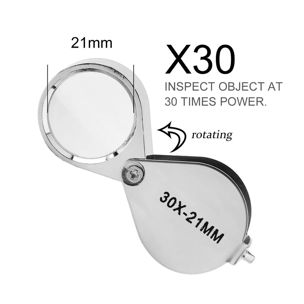 10-30x Pocket Magnifier Magnifying Glass Jewelry Loupe Foldable Diamond Lupa Triplet Jewelers Eye Glass Tool Reading Magnifier