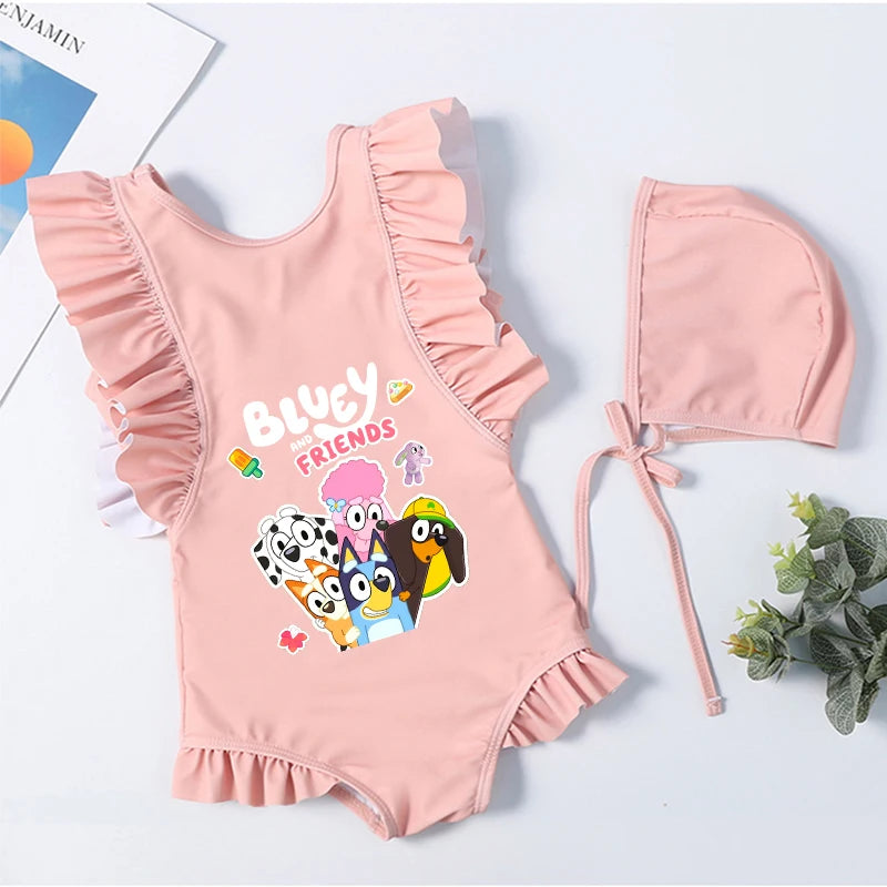Cartoon Bluey Mädchen Sommer-Badeanzüge Kinder Einteilige & Bikini-Sets mit Badekappe Strandkleidung Bademode für Kinder