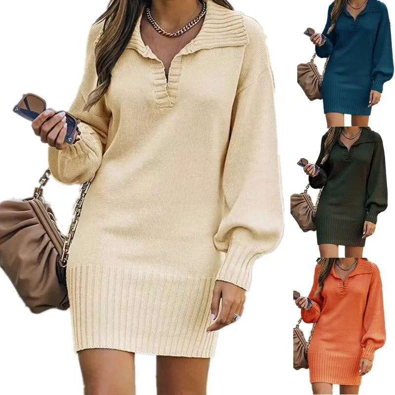 Kleider Damen Herbst Einfarbig Revers Lange Ärmel Einfarbig frauen Büro Pendeln Kleid Roupas Para Festa A Noite Feminina