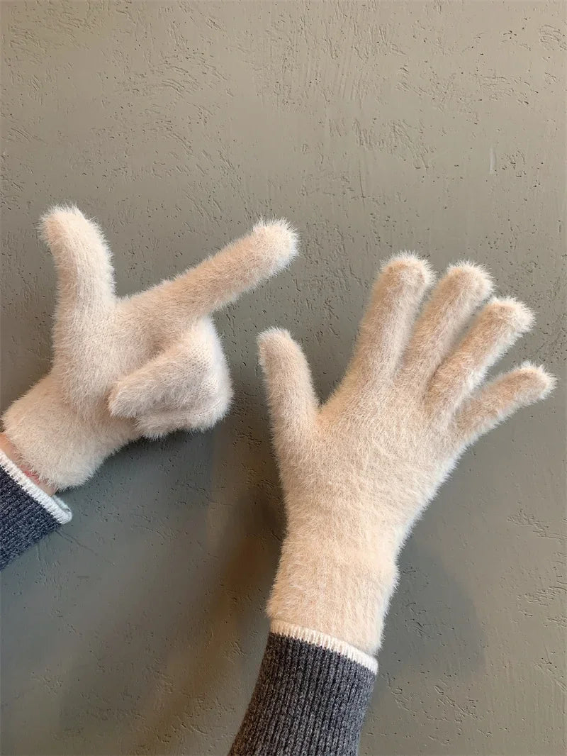 Mode Winter Nerz Samt Fünf Finger Handschuhe Plüsch Warme Kalt-proof Handschuhe Frauen Im Freien Radfahren Einfarbig Wistiti Fäustlinge