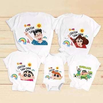 Crayon Shin-chan Dad Mom T-Shirt Kids Tops Adults Boy Girl Summer Parent-Child Clothes T-Shirt Family Partner Look Anime Gift