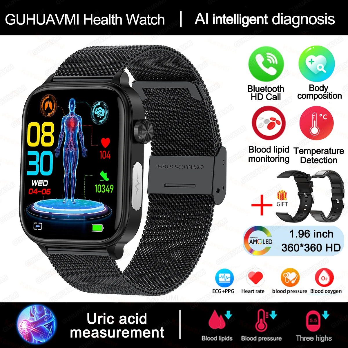 AI-Diagnosedetektor, Smartwatch für Damen, Blutfette und Harnsäure, Körpersammensetzungstest, Damen-Menstruationsgesundheits-Tracker, 2025, Neu