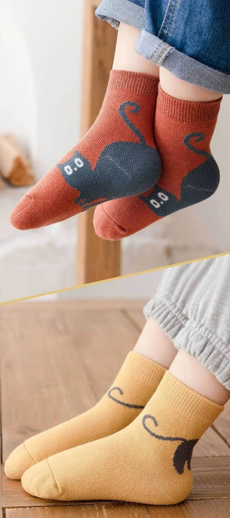 5/10 Paar Kindersocken Herbst Winter Mittellange Socken mit Cartoon-Katzenmuster Bequeme, atmungsaktive Kindersocken für Jungen und Mädchen