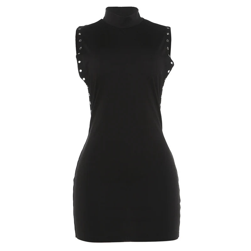Kliou Mini-Kleid mit seitlichem Ausschnitt, O-Ausschnitt, ärmellos, Metallringen, figurbetont, pfirsichfarben, für Mitternachtsclub-Partys