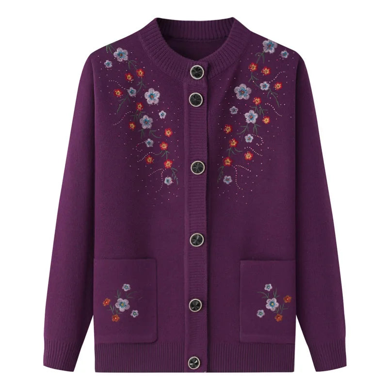 Frühling Herbst Top Frauen Ältere Mutter der Bestickt Gestrickte Pullover Oma Winter Plus Samt Dicke Strickjacke Mantel XL-4XL