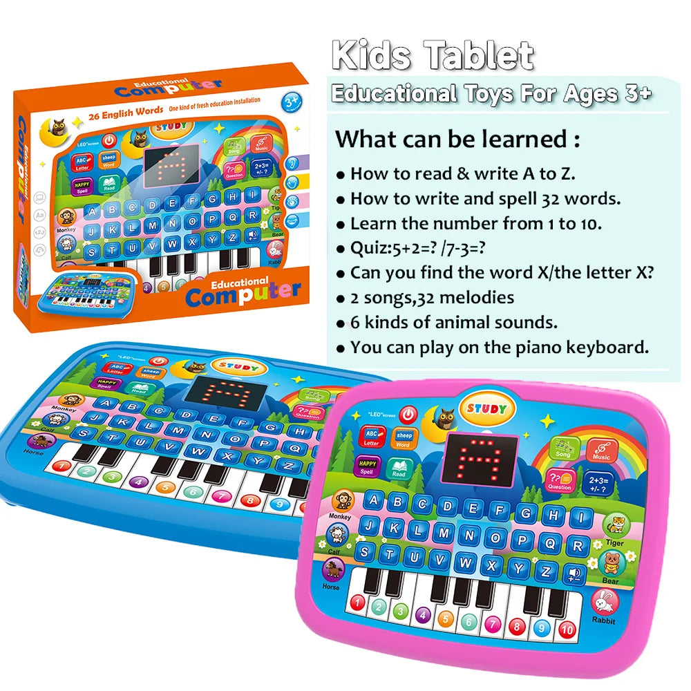 Bildungstablett-Spielzeug für Kinder, Alphabetisierung ab 3 Jahren, Mathematik, Musiklernen, Doppel als elektronische Tastatur, Geburtstags-Weihnachtsgeschenk