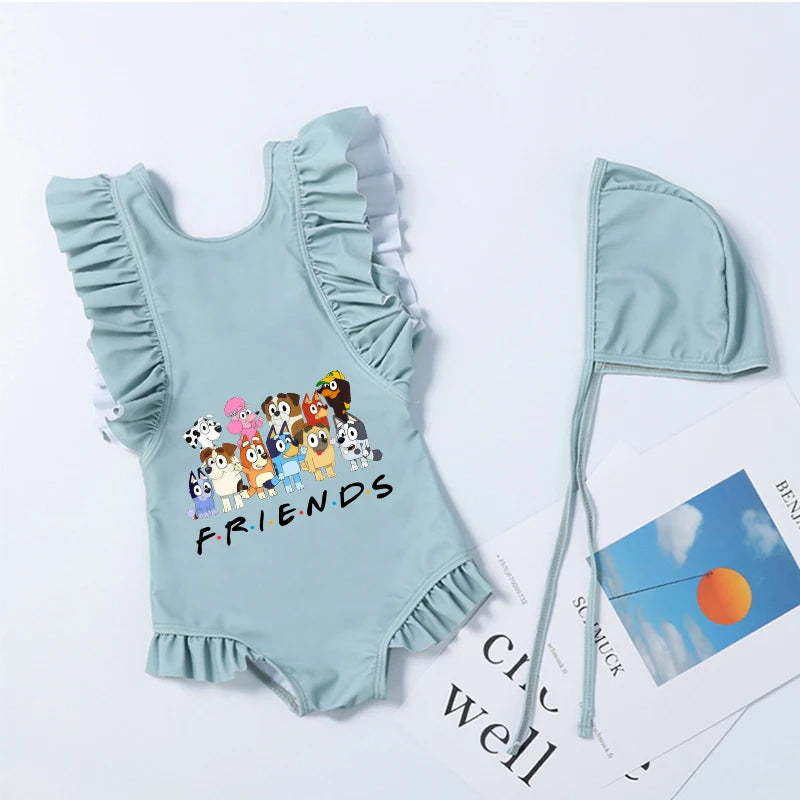 Cartoon Bluey Mädchen Sommer-Badeanzüge Kinder Einteilige & Bikini-Sets mit Badekappe Strandkleidung Bademode für Kinder